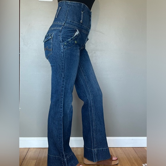Unique extra high waisted mock jumpsuit style jean - Picture 2 of 8
